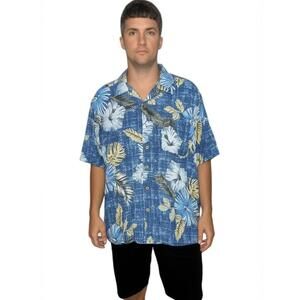 Island Shores Original Island Wear Hawaiian Shirt L Blue Tan‎ Aloha Button Front